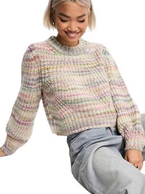 Only Multicolor Pastel Striped Cropped Sweater - Cream Base